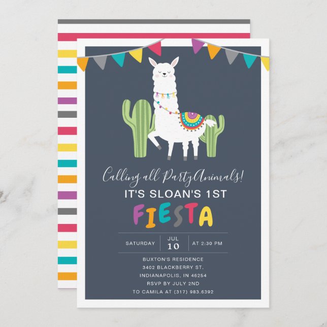 Navy Llama Fiesta Birthday Party Invitation (Front/Back)