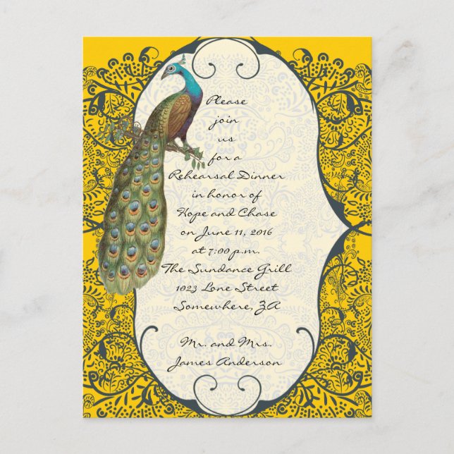 Navy Love Bird Damask Rehearsal Dinner Invitations (Front)