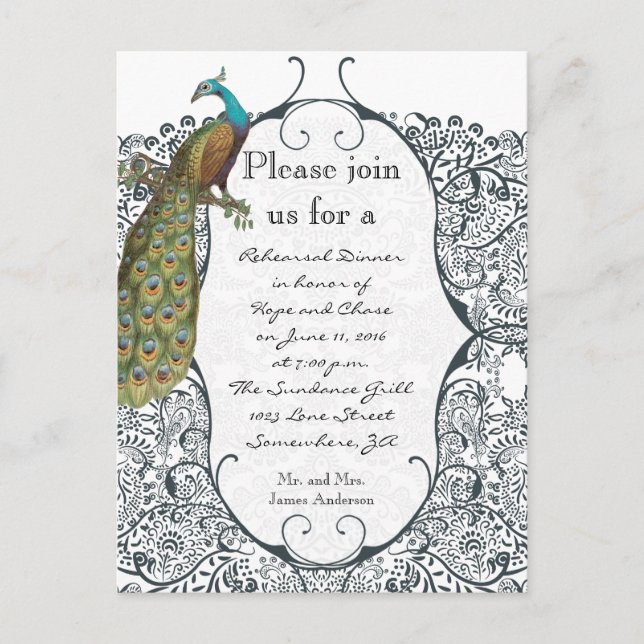 Navy Love Bird Damask Rehearsal Dinner Invitations (Front)