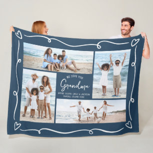 Navy Love You Grandma 4 Photo Hand Drawn Doodles Fleece Blanket