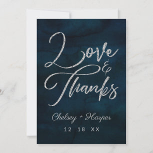 Navy Lustre Blue Silver Wedding Love and Thanks Thank You Card
