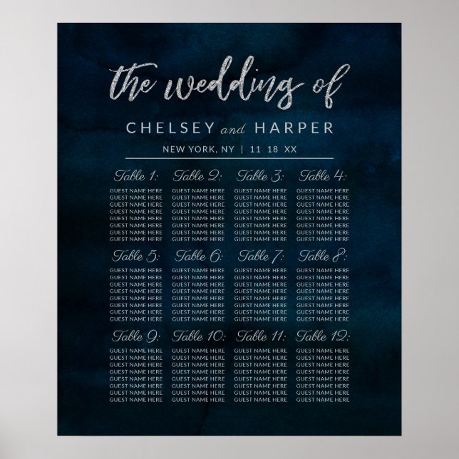 Navy Lustre Blue Wedding Table Seating Chart (Front)