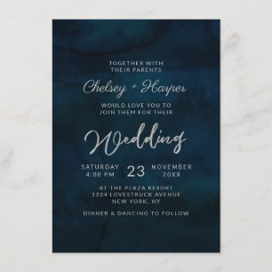 Navy Lustre Dark Blue Minimal Monogram Wedding Invitation