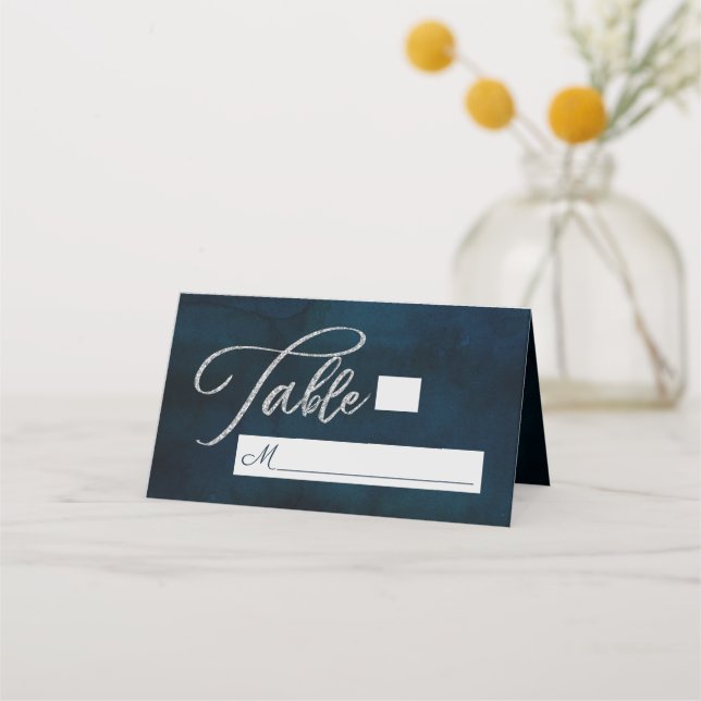 Navy Lustre Dark Blue Seating Wedding Table Number Place Card (Front)
