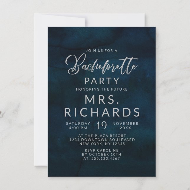 Navy Lustre Dark Blue Silver Bachelorette Party Invitation (Front)