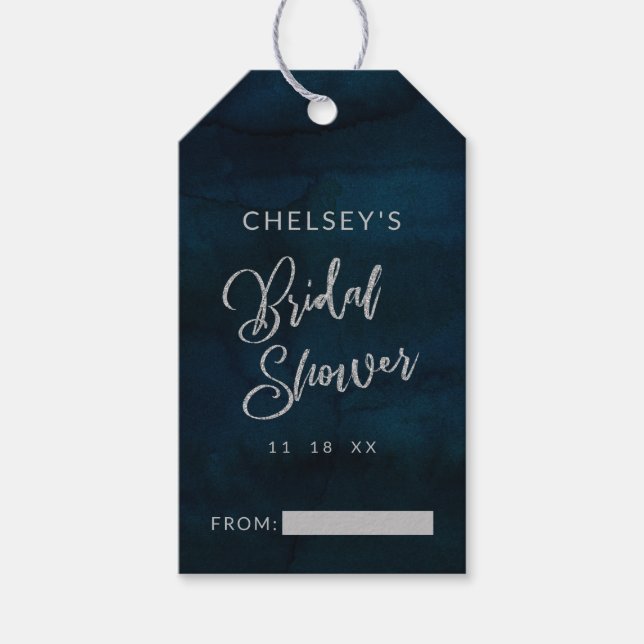 Navy Lustre Dark Blue Silver Bridal Display Shower Gift Tags (Front)