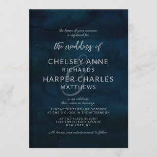 Navy Lustre Dark Blue Silver Simple Modern Wedding Invitation