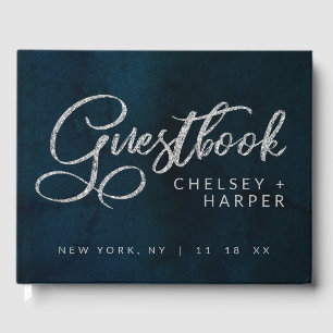 Navy Lustre Dark Blue Silver Watercolor Wedding Guest Book