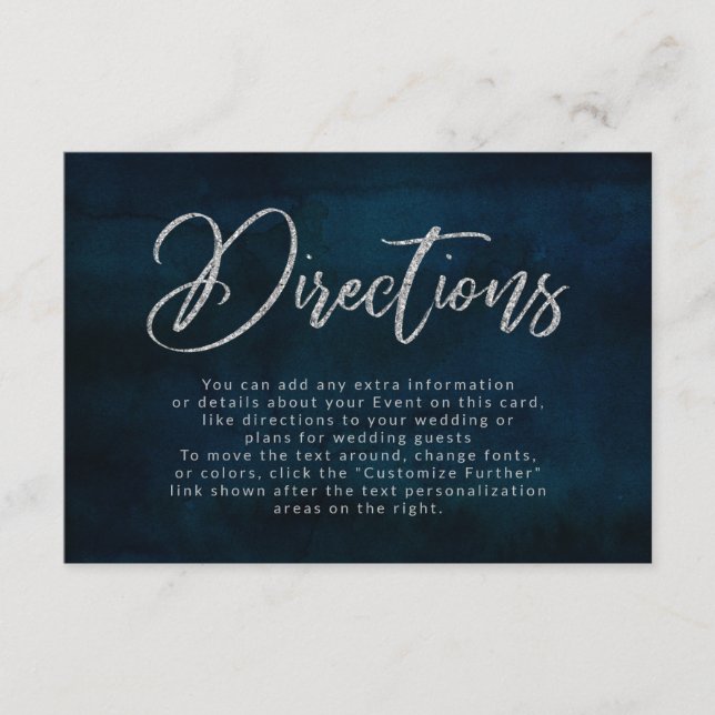 Navy Lustre Dark Blue Silver Wedding Directions Enclosure Card (Front)