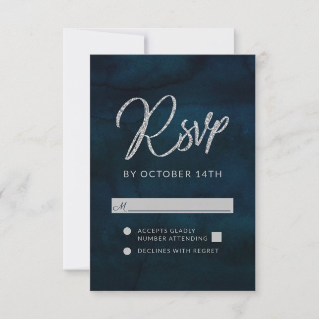 Navy Lustre Dark Blue Silver Wedding RSVP Reply (Front)
