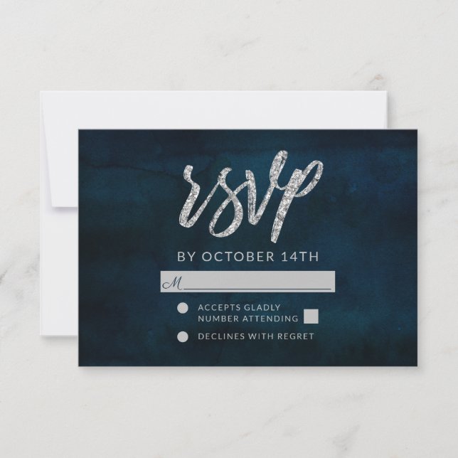 Navy Lustre Dark Blue Silver Wedding RSVP Response (Front)