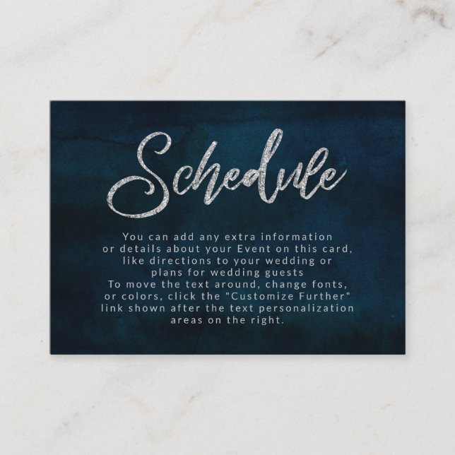 Navy Lustre Dark Blue Silver Wedding Schedule Enclosure Card (Front)