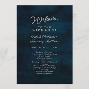 Navy Lustre Dark Blue Watercolor Wedding Ceremony Program