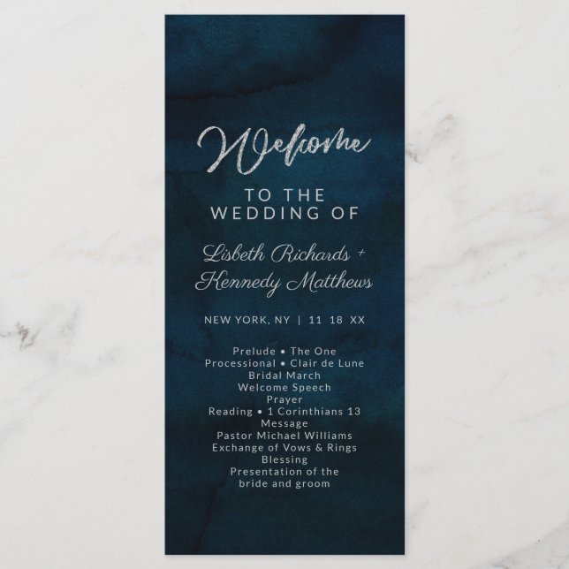 Navy Lustre Dark Blue Watercolor Wedding Ceremony Program (Front)