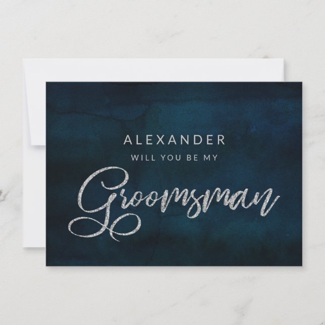 Navy Lustre Silver Be My Groomsman Proposal Card (Front)