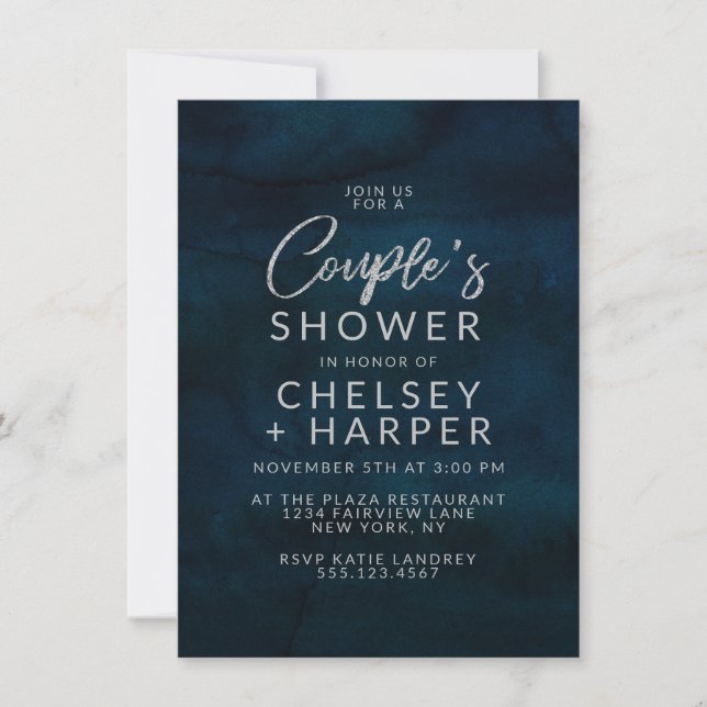 Navy Lustre Silver Blue Couple's Wedding Shower Invitation (Front)