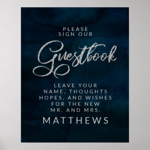Navy Lustre Silver Blue Monogram Guestbook Sign