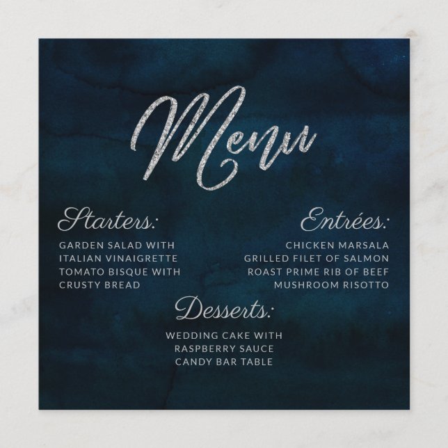 Navy Lustre Silver Blue Watercolor Square Dinner Menu (Front)