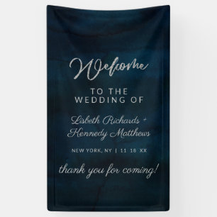 Navy Lustre Silver Blue Watercolor Wedding Welcome Banner