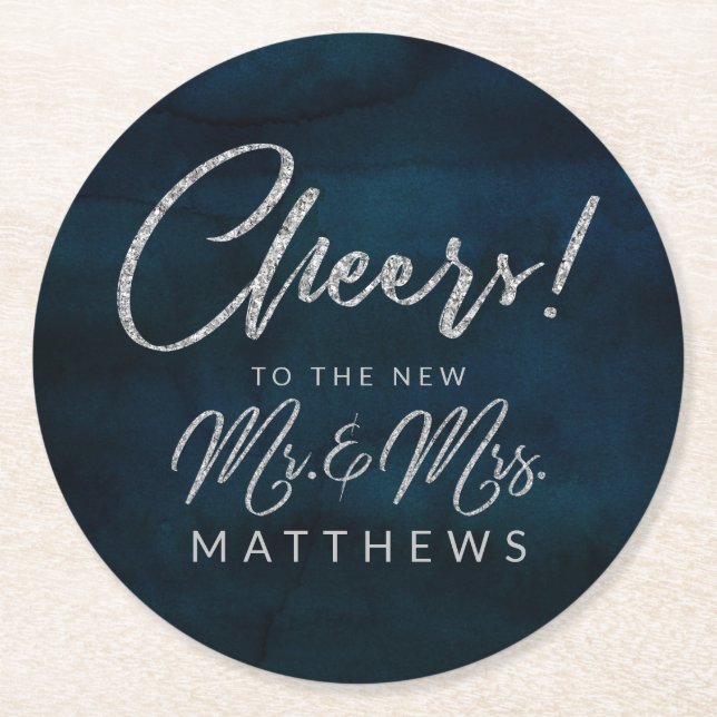 Navy Lustre Silver Cheers to the new Mr. & Mrs. Round Paper Coaster (Front)