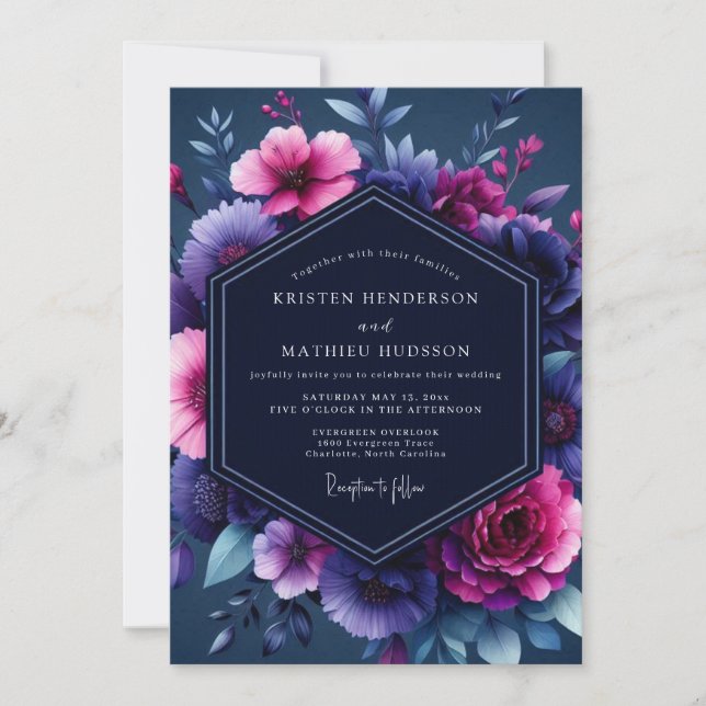 Navy Magenta Luminous Wedding Invitation (Front)