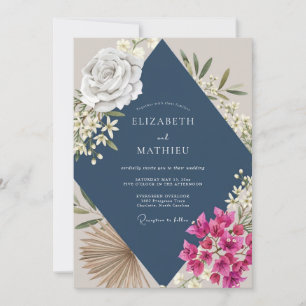 Navy Magenta Orchid Wedding Invitation