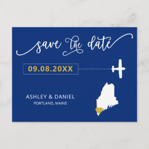 Navy Maine Wedding Save the Date Map Postcard