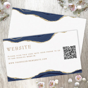 Navy Marble Agate Gold Glitter Wedding Website QR Enclosure Card