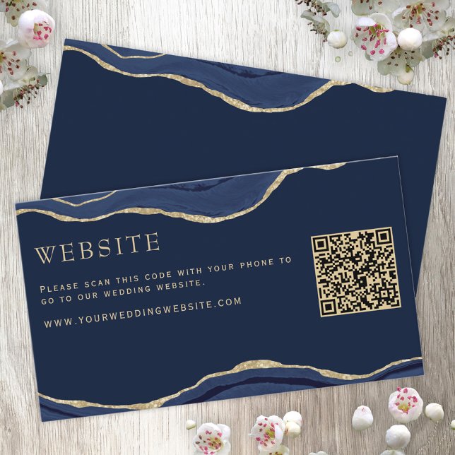 Navy Marble Agate Gold Glitter Wedding Website QR Enclosure Card (Creator Uploaded)