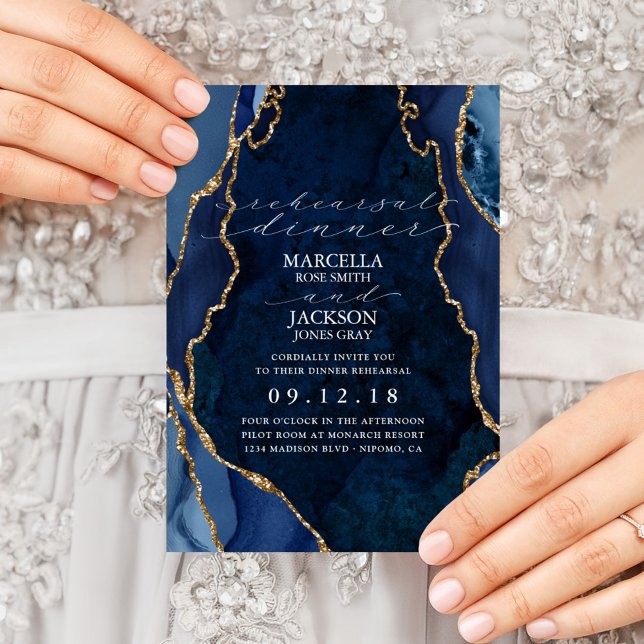 Navy Marble & Gold Agate Dinner Rehearsal Invitation (Creator Uploaded)