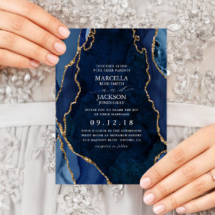 Navy Marble & Gold Agate Wedding Invitation