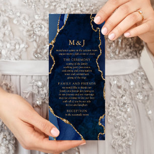 Navy Marble & Gold Agate Wedding Program Rack Card