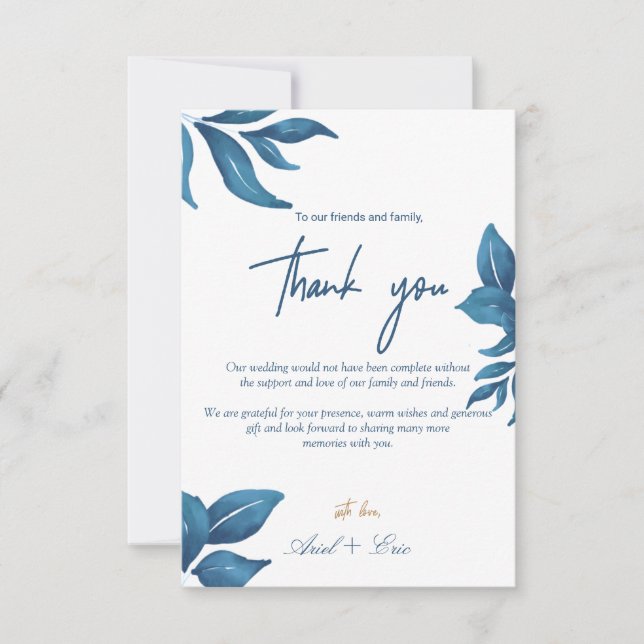 Navy Marble & Gold Eucalyptus Elegant Wedding  Thank You Card (Front)