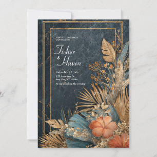 Navy Marble Gold Teal Tropical Hibiscus Wedding Invitation