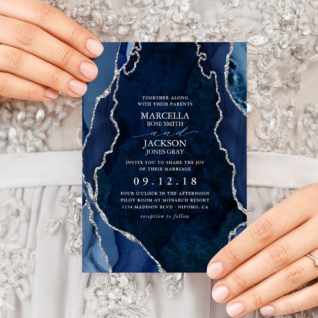 Navy Marble & Silver Agate Wedding Invitation (Creator Uploaded)