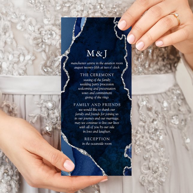 Navy Marble & Silver Agate Wedding Program Rack Card (Creator Uploaded)