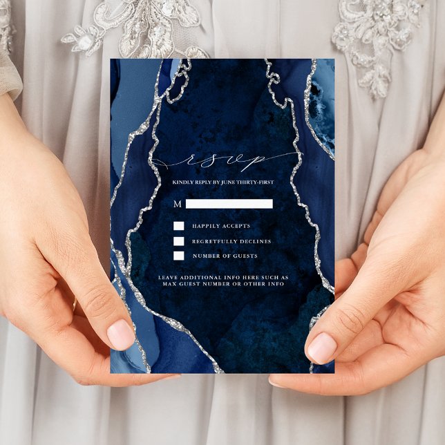 Navy Marble & Silver Agate Wedding RSVP Invitation (Creator Uploaded)