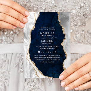 Navy Marble, White & Gold Agate Wedding Invitation