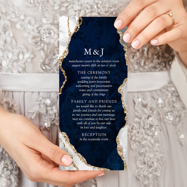 Navy Marble, White & Gold Agate Wedding Program Rack Card (Creator Uploaded)