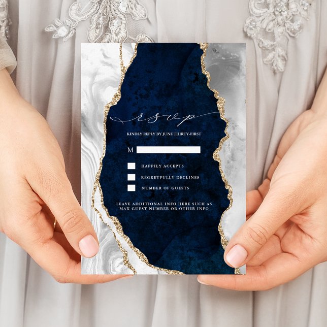 Navy Marble, White & Gold Agate Wedding RSVP Invitation (Creator Uploaded)