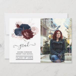 Navy, Maroon and Rose Gold Floral Graduation Photo Announcement
