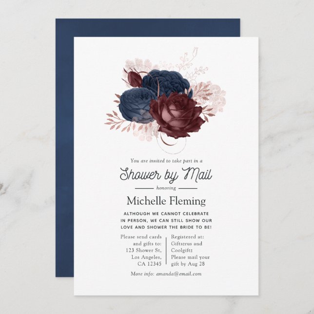 Navy, Maroon and Rose Gold Floral Shower by Mail Invitation (Front/Back)