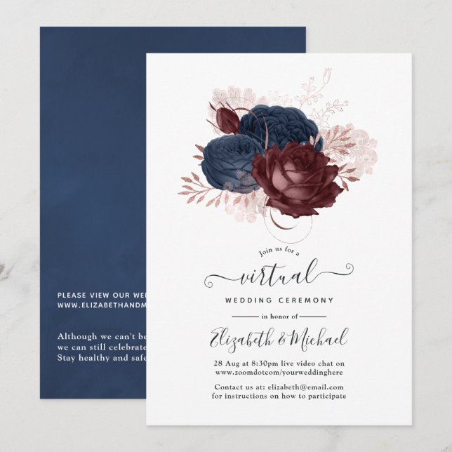 Navy, Maroon and Rose Gold Floral Virtual Wedding Invitation (Front/Back)