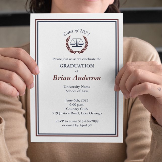 Navy & Maroon Justice Wreath Law School Graduation Invitation (Creator Uploaded)