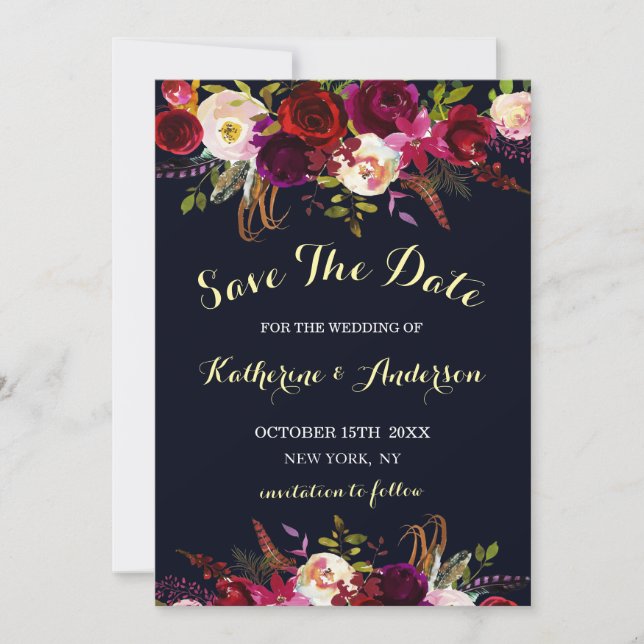Navy Marsala Boho Floral Wedding Save the Date (Front)