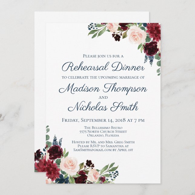 Navy Marsala Floral Rehearsal Dinner Invitations (Front/Back)
