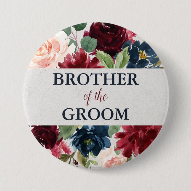 Navy & Marsala Floral Shabby Chic Brother of Groom 7.5 Cm Round Badge (Front)