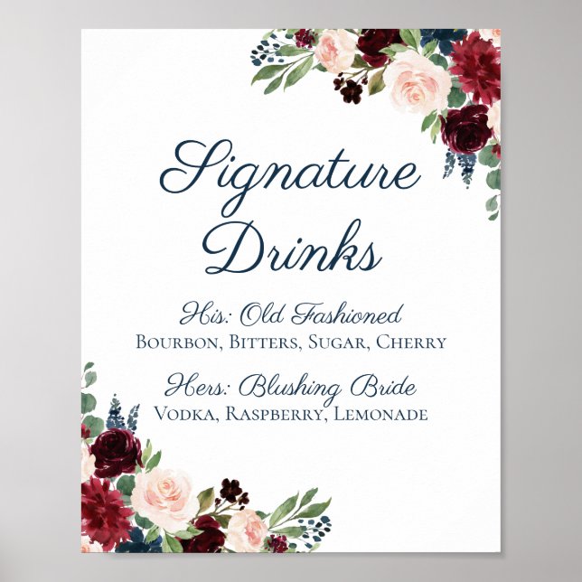 Navy Marsala Floral Signature Drinks Cocktail Sign (Front)