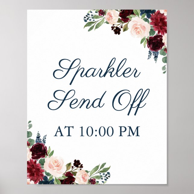 Navy Marsala Floral Sparkler Send Off Sign Poster (Front)