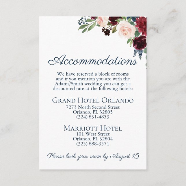 Navy Marsala Floral Wedding Accommodations Cards (Front)
